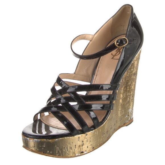 Authentic Yves Saint Laurent Black Patent Gold Wedge Strap Sandals Size EU 41 - Picture 1 of 5